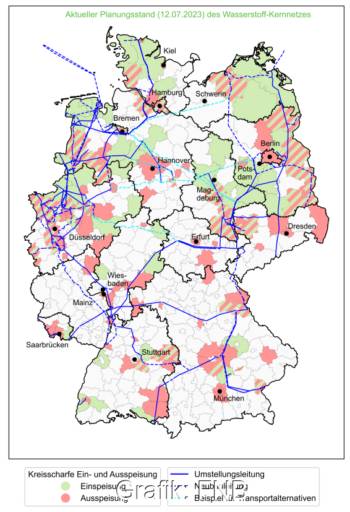 Eine Deutschland-Karte zeigt das aktuell geplante Wasserstoff-Kernnetz