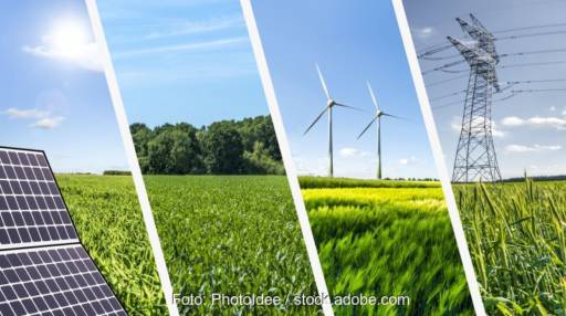 Eine Montage von vier Bildern zeigen verschiedene erneuerbare Energien in der Natur