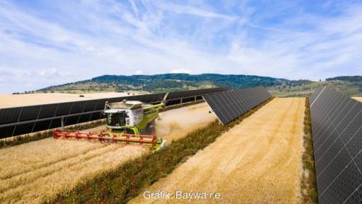 Grafik zeigt Harvester in Getreide-Feld zwischen Reihen von PV-Modulen - Agri-PV.